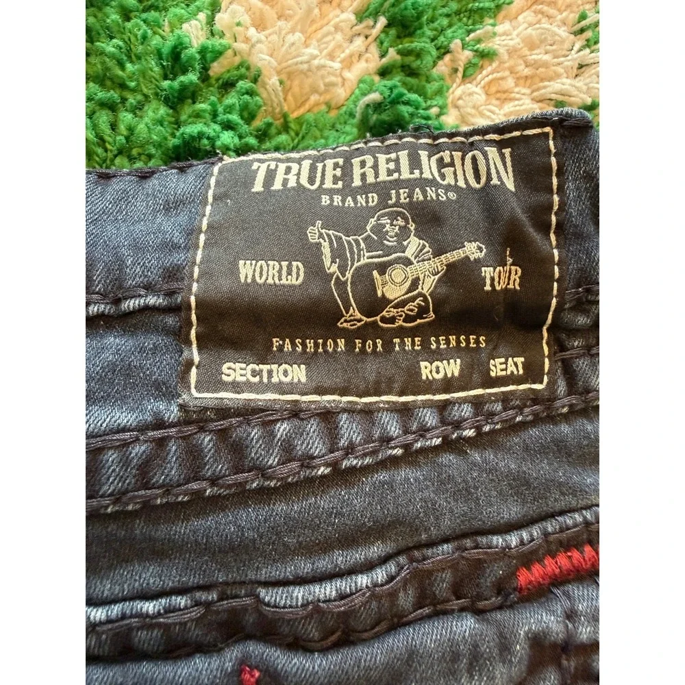 True Religion Geno Jeans Mens 42 Black Excellent Red Stitch Straight Leg Denim